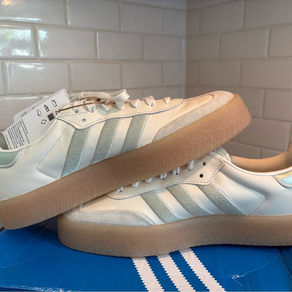 Adidas Samba White/Silver Women’s Size 9.5/ Men’s Size 7. Brand New w/ Tags.
